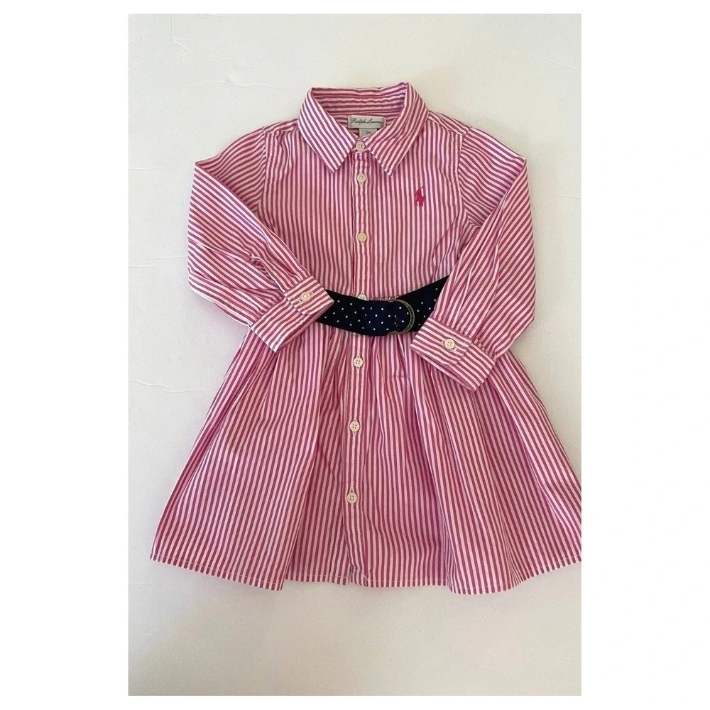 Ralph‎ Lauren Pink White Stripe Button Front Dress Navy Polka Dot Belt Size 12M